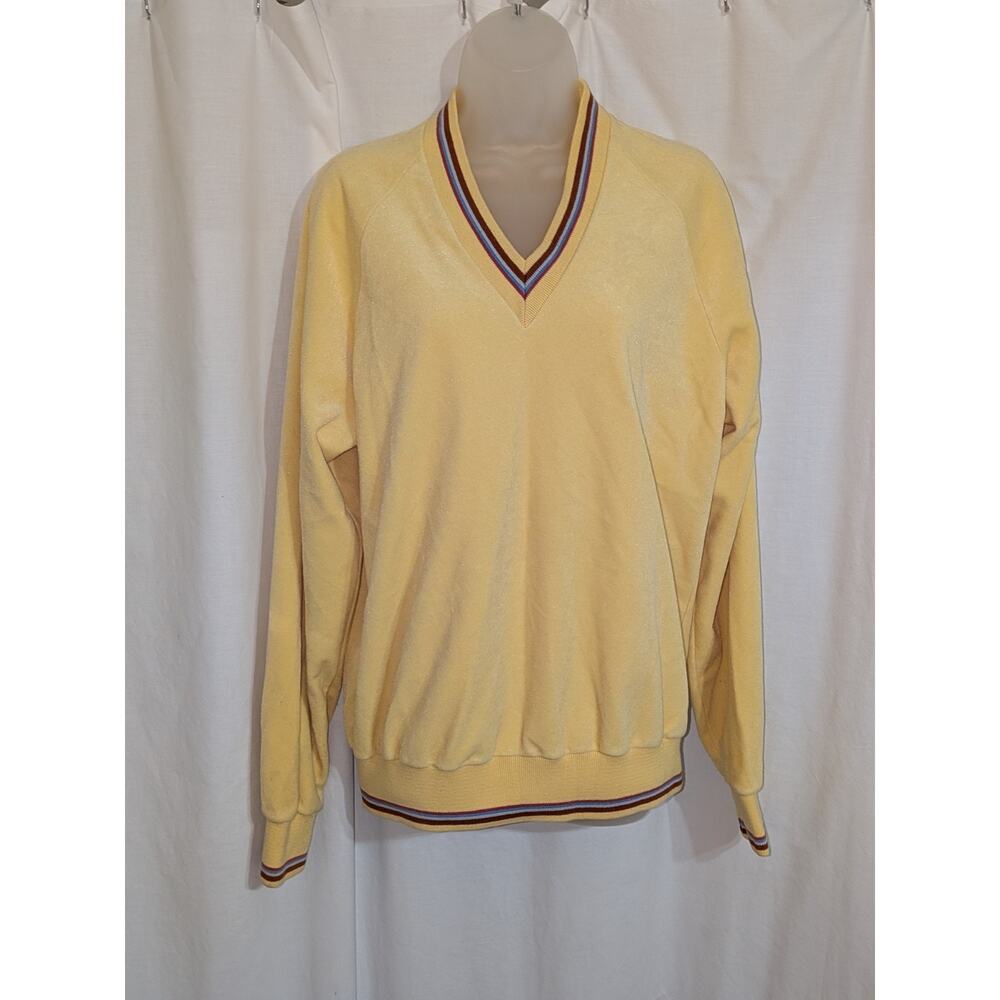 VTG 70s Retro Lee Yellow Velour Long Sleeve V Neck Striped Collar Sweatshirt L